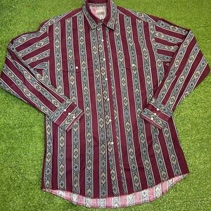 Vintage Aztec Pearl Snap‎ Shirt LG SW Pattern Maroon Western Rodeo